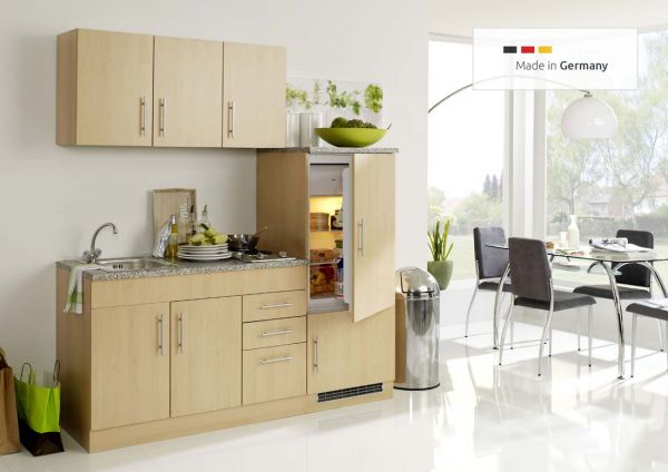 Single Küche 180 cm Buche dekor mit Kühlschrank und Kochfeld