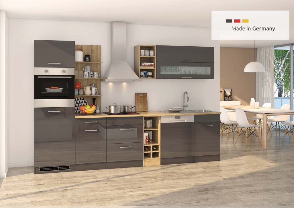 Küche 300 cm anthrazit Hochglanz mit Spülenschrank und integriertem Backofen sowie Kühlschrank